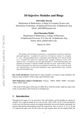 SS-Injective Modules and Rings Arxiv:1607.07924V1 [Math.RA] 27