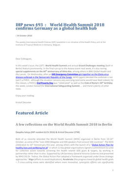 IHP News 493 : World Health Summit 2018 Confirms Germany As a Global Health Hub