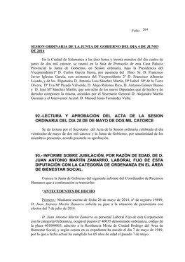 92.-Lectura Y Aprobación Del Acta De La Sesion Ordinaria Del Dia 28 De De Mayo De Dos Mil Catorce 93.- Informe Sobre Jubilació