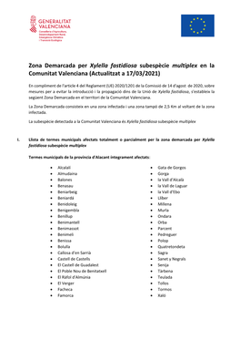 Zona Demarcada Per Xylella Fastidiosa a La Comunitat