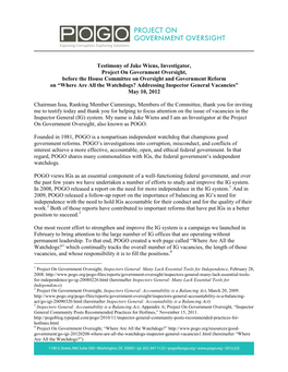 Testimony of Jake Wiens, Investigator, Project on Government Oversight, Before the House Committee on Oversight and Government