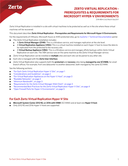 ZERTO VIRTUAL REPLICATION - PREREQUISITES & REQUIREMENTS for MICROSOFT HYPER-V ENVIRONMENTS ZVR-REH-5.5U3 Rev01 Dec2017