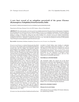 A New Host Record of an Eulophine Parasitoid of the Genus Elasmus (Hymenoptera: Eulophidae) from Karnataka, India