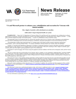 VA and Microsoft Partner to Enhance Care, Rehabilitation and Recreation for Veterans with Limited Mobility