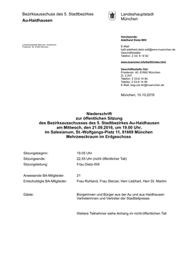 Bezirksausschuss Des 5. Stadtbezirkes Landeshauptstadt München Au-Haidhausen Niederschrift Zur Öffentlichen Sitzung Des Bezirk