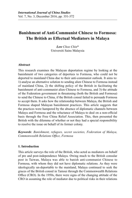 Banishment of Anti-Communist Chinese to Formosa: the British As Effectual Mediators in Malaya