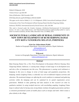 Sociocultural Landscape of Rural Community in New Town Development of Bumi Serpong Damai City Kota Tangerang Selatan, Indonesia