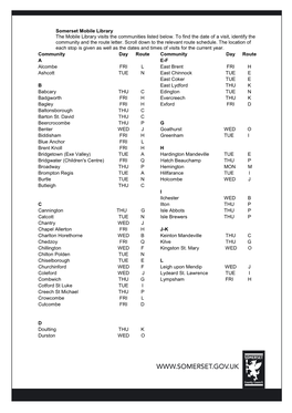 Somerset Mobile Library the Mobile Library Visits the Communities Listed Below