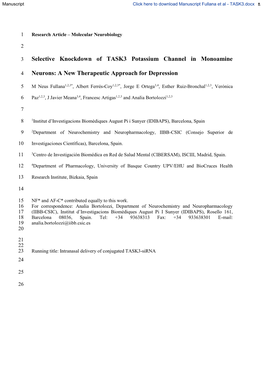 Selective Knockdown of TASK3 Potassium Channel in Monoamine