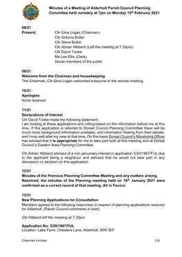 Minutes of a Meeting of Alderholt Parish Council Planning Committee Held Remotely at 7Pm on Monday 15Th February 2021