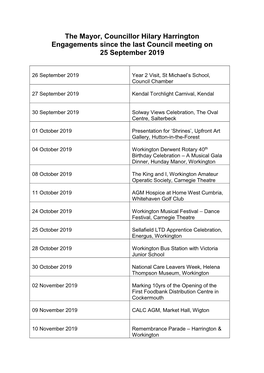 The Mayor, Councillor Hilary Harrington Engagements Since the Last Council Meeting on 25 September 2019