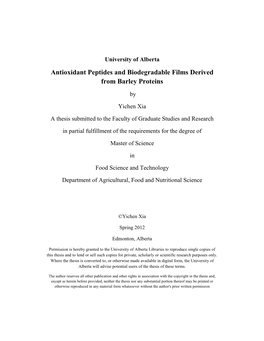 Antioxidant Peptides and Biodegradable Films Derived from Barley Proteins