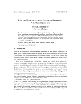 John Von Neumann Between Physics and Economics: a Methodological Note