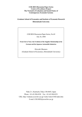 COE-RES Discussion Paper Series Center of Excellence Project the Normative Evaluation and Social Choice of Contemporary Economic Systems