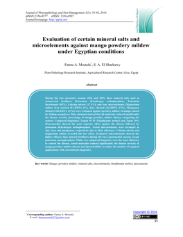 Evaluation of Certain Mineral Salts and Microelements Against Mango Powdery Mildew Under Egyptian Conditions