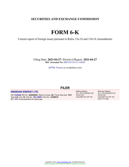 OBSIDIAN ENERGY LTD. Form 6-K Current Event Report Filed 2021-04