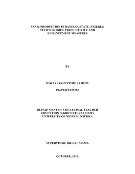 Snail Production in Bayelsa State, Nigeria: Technologies, Productivity and Enhancement Measures