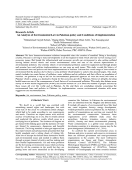 Research Article an Analysis of Environmental Law in Pakistan-Policy and Conditions of Implementation