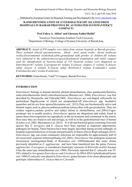 RAPID IDENTIFICATION of ENTEROBACTER SPP. ISLATED from HOSPITALS in BASRAH PROVINCE by AUTOMATED SYSTEM (VITEK®2 COMPACT) Prof.Yahya A