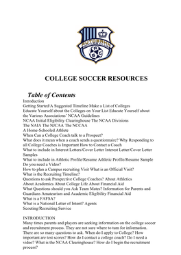 COLLEGE SOCCER RESOURCES Table of Contents