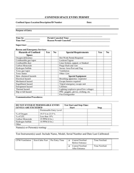 CONFINED SPACE ENTRY PERMIT Name(S) Or Person(S) Testing