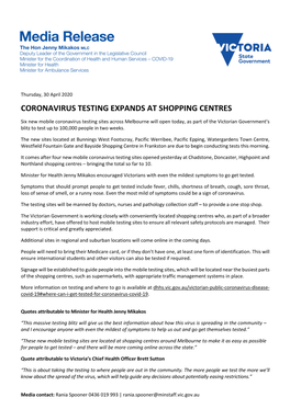 Coronavirus Testing Expands at Shopping Centres