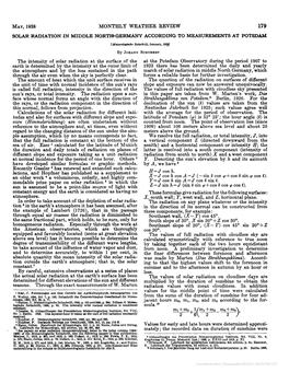 May, 1928 Monthly Weather Review 179 Solar Radiation in Middle North*Germany According to Measurements at Potsdam