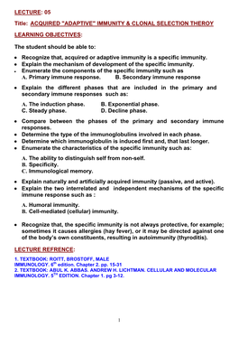 LECTURE 05 Acquired Immunity and Clonal Selection