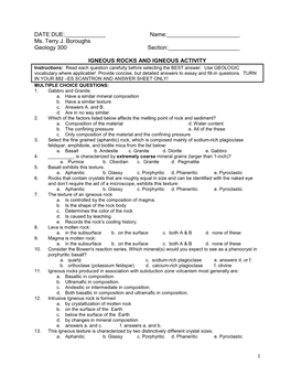 Igneous Activity and Volcanism Homework