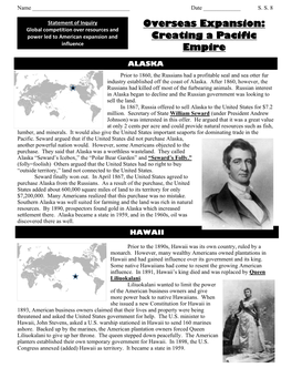 Overseas Expansion: Global Competition Over Resources and Power Led to American Expansion and Creating a Pacific Influence Empire