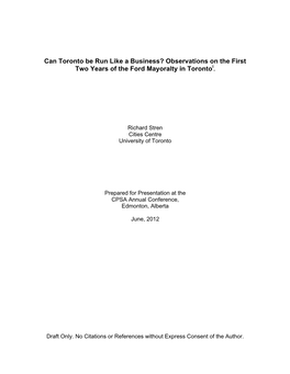 Can Toronto Be Run Like a Business? Observations on the First Two Years of the Ford Mayoralty in Torontoi