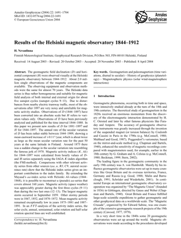 Results of the Helsinki Magnetic Observatory 1844–1912