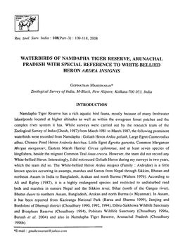 Waterbirds of Namdapha Tiger Reserve, Arunachal Pradesh with Special Reference to White-Bellied Heron Ardea Insignis