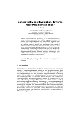 Conceptual Model Evaluation. Towards More Paradigmatic Rigor Jan Recker1