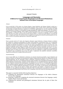 Language and Geometry a Method for Comparing the Genealogical and Structural Relatedness Between Pairs of European Languages