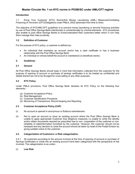 Master Circular No. 1 on KYC Norms in POSB/SC Under AML/CFT Regime