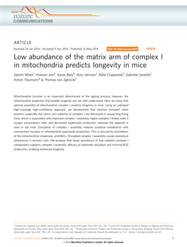 Low Abundance of the Matrix Arm of Complex I in Mitochondria Predicts Longevity in Mice