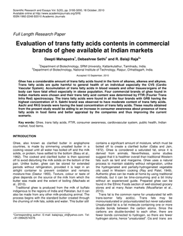 Evaluation of Trans Fatty Acids Contents in Commercial Brands of Ghee Available at Indian Markets