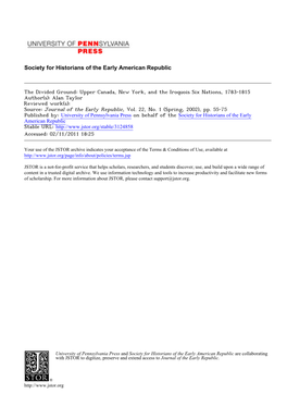 Upper Canada, New York, and the Iroquois Six Nations, 1783-1815 Author(S): Alan Taylor Reviewed Work(S): Source: Journal of the Early Republic, Vol