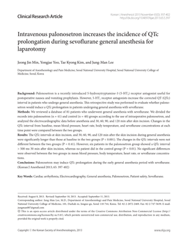 Intravenous Palonosetron Increases the Incidence of Qtc Prolongation During Sevoflurane General Anesthesia for Laparotomy