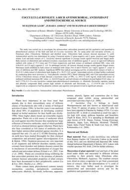 Cocculus Laurifolius: a Rich Antimicrobial, Antioxidant and Phytochemical Source