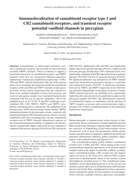 Immunolocalization of Cannabinoid Receptor Type 1 and CB2 Cannabinoid Receptors, and Transient Receptor Potential Vanilloid Channels in Pterygium