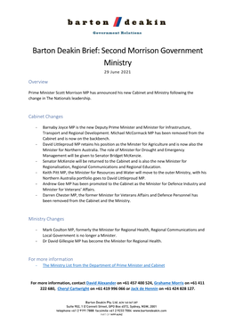 Second Morrison Government Ministry 29 June 2021 Overview