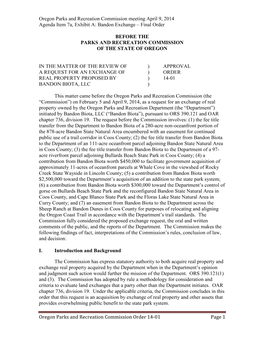 Oregon Parks and Recreation Commission Meeting April 9, 2014 Agenda Item 7A, Exhibit A: Bandon Exchange – Final Order