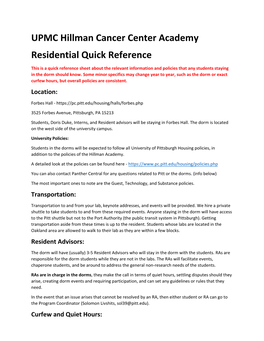 Residence Quick Reference