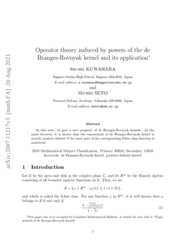 Operator Theory Induced by Powers of the De Branges-Rovnyak Kernel and Its Application