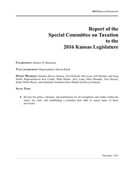 Report of the Special Committee on Taxation to the 2016 Kansas Legislature