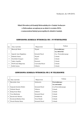 Sochaczew, Dn. 4.09.2015R. Skład Obwodowych Komisji Referendalnych W Gminie Sochaczew W Referendum Zarządzonym Na Dzień 6