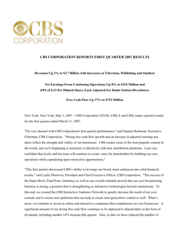 Cbs Corporation Reports First Quarter 2007 Results