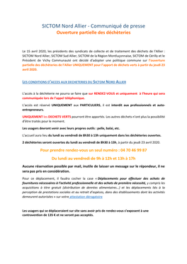 SICTOM Nord Allier - Communiqué De Presse Ouverture Partielle Des Déchèteries